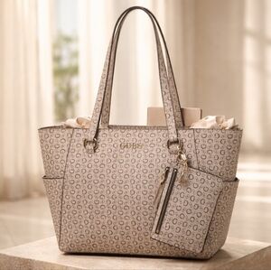 NWT GUESS Monogram Gray Tote Bag With Pouch